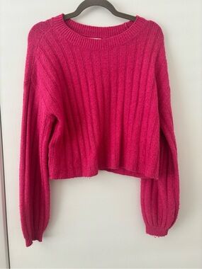 bp Cropped Ribbed Crewneck Sweater in Hot Pink